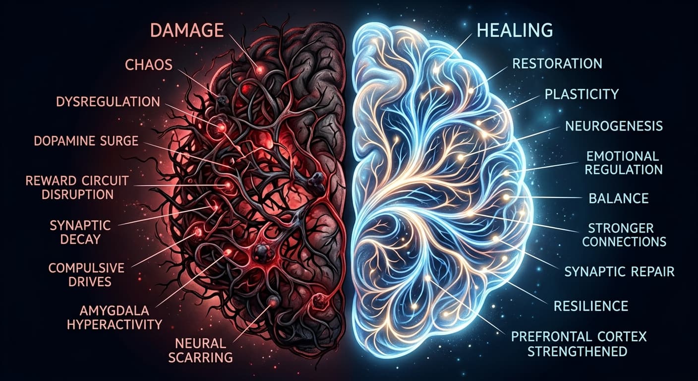 Brain damage from addiction vs brain healing during recovery — showing neural restoration, plasticity, and synaptic repair