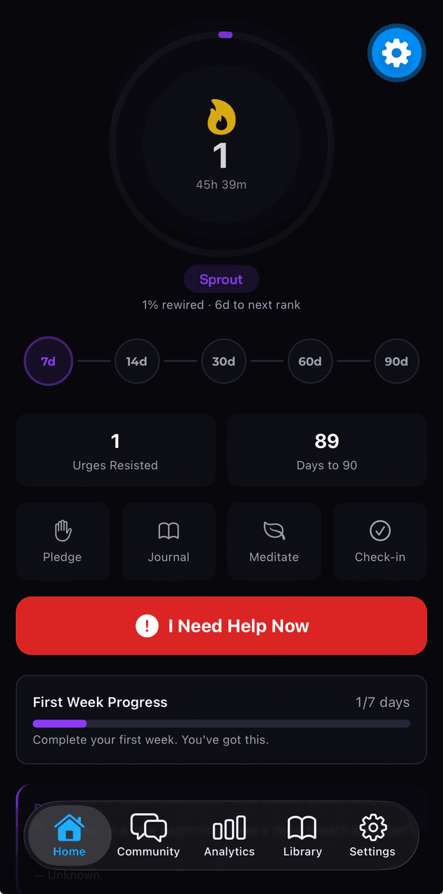 Unchain app home screen showing streak tracker and brain rewiring progress