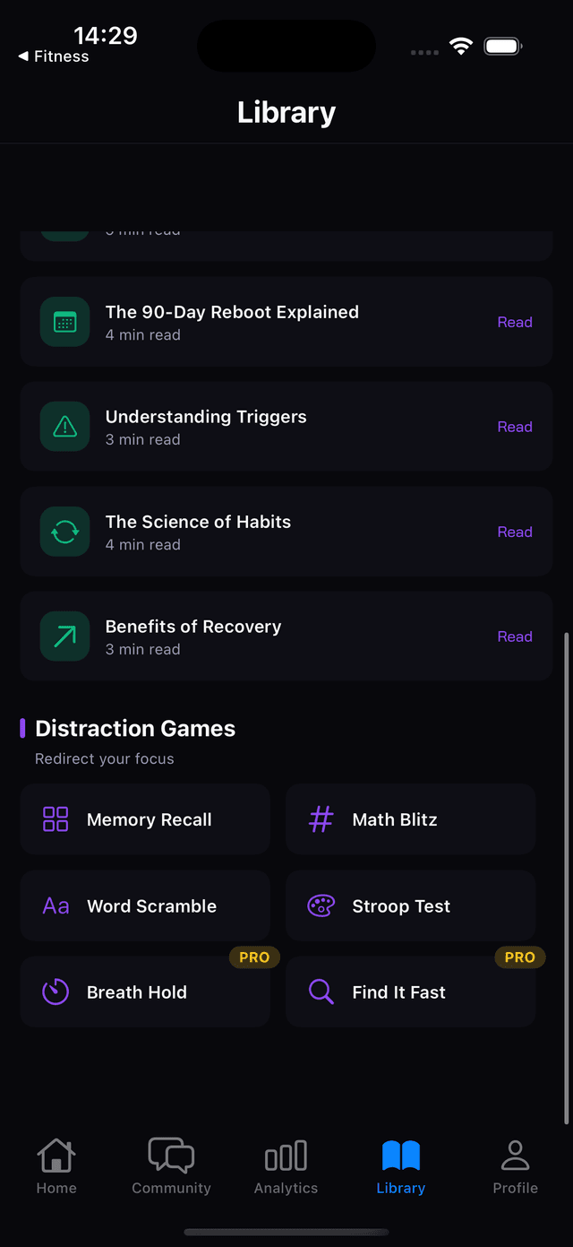 Recovery tools library with articles and distraction games